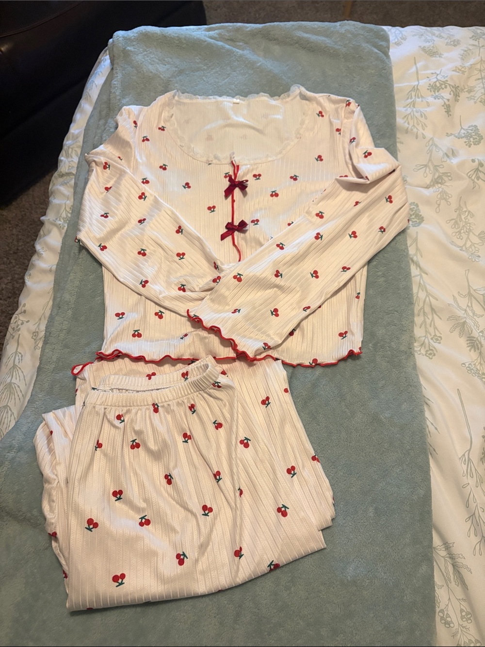 SHEIN White Ribbed Cherry-Print Long-Sleeve Pajama Set with Red Trim